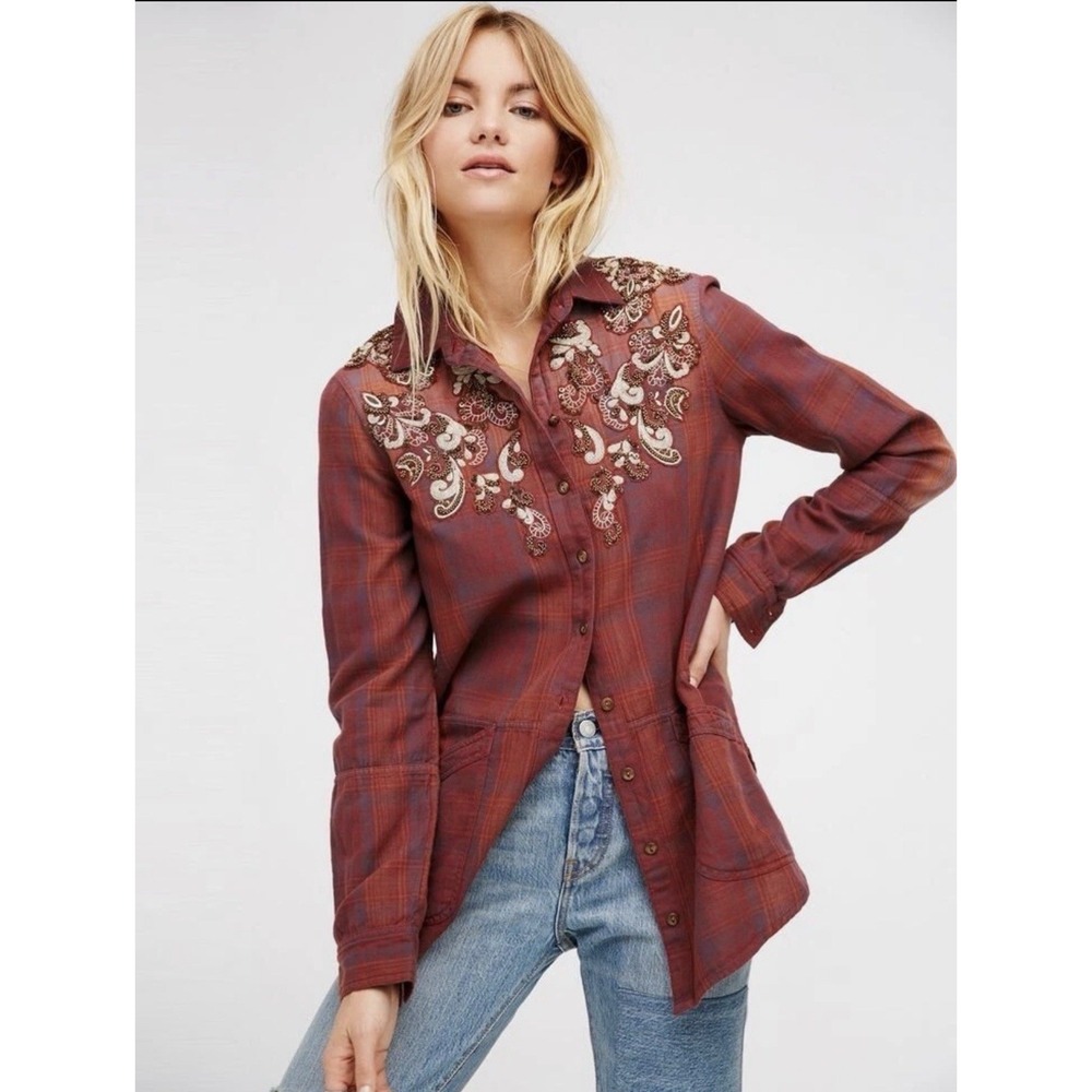 Free People Embellished Studded Plaid Button Down Shirt Women's Medium Western